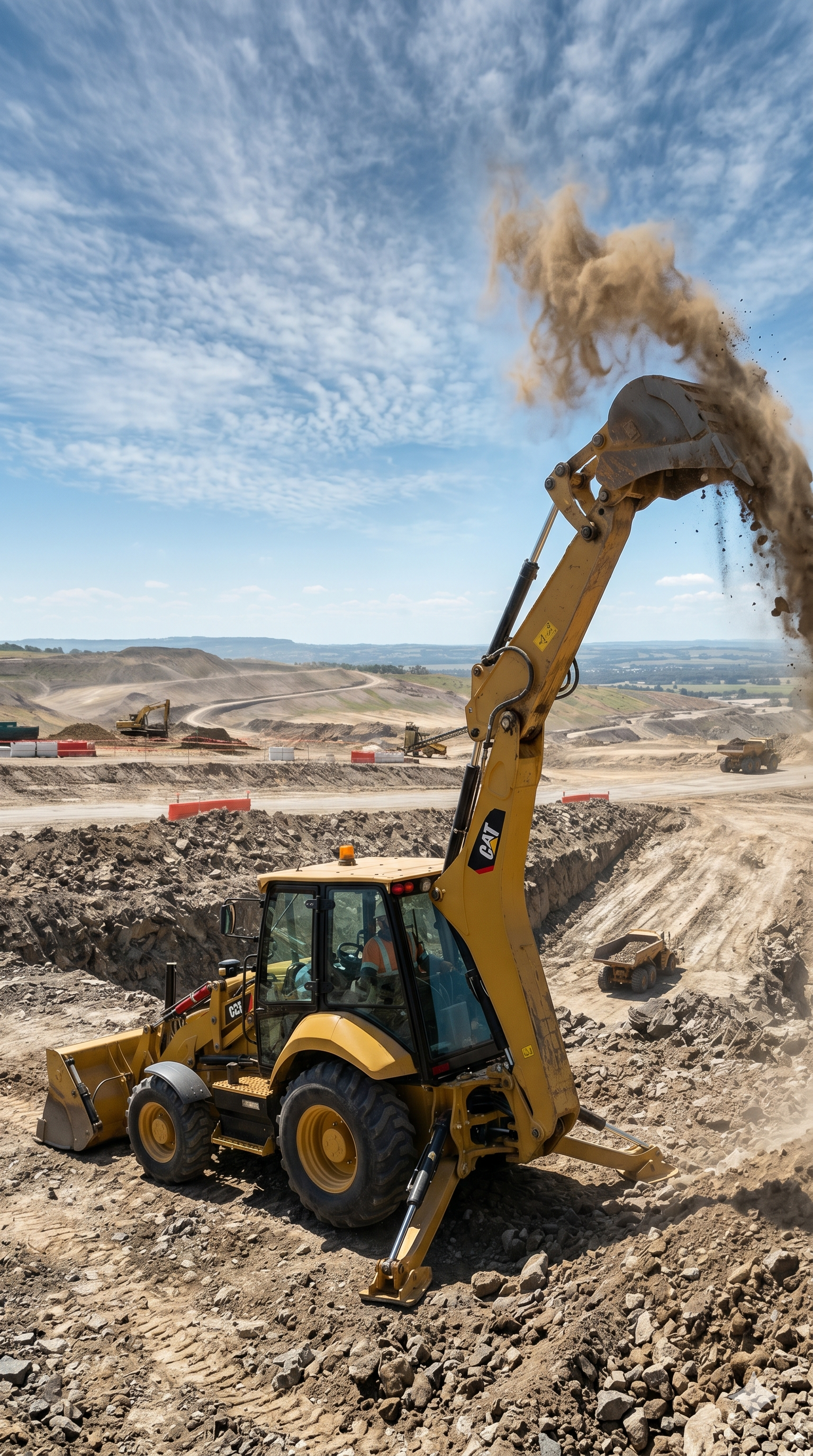 Retroescavadeira em operação de terraplenagem